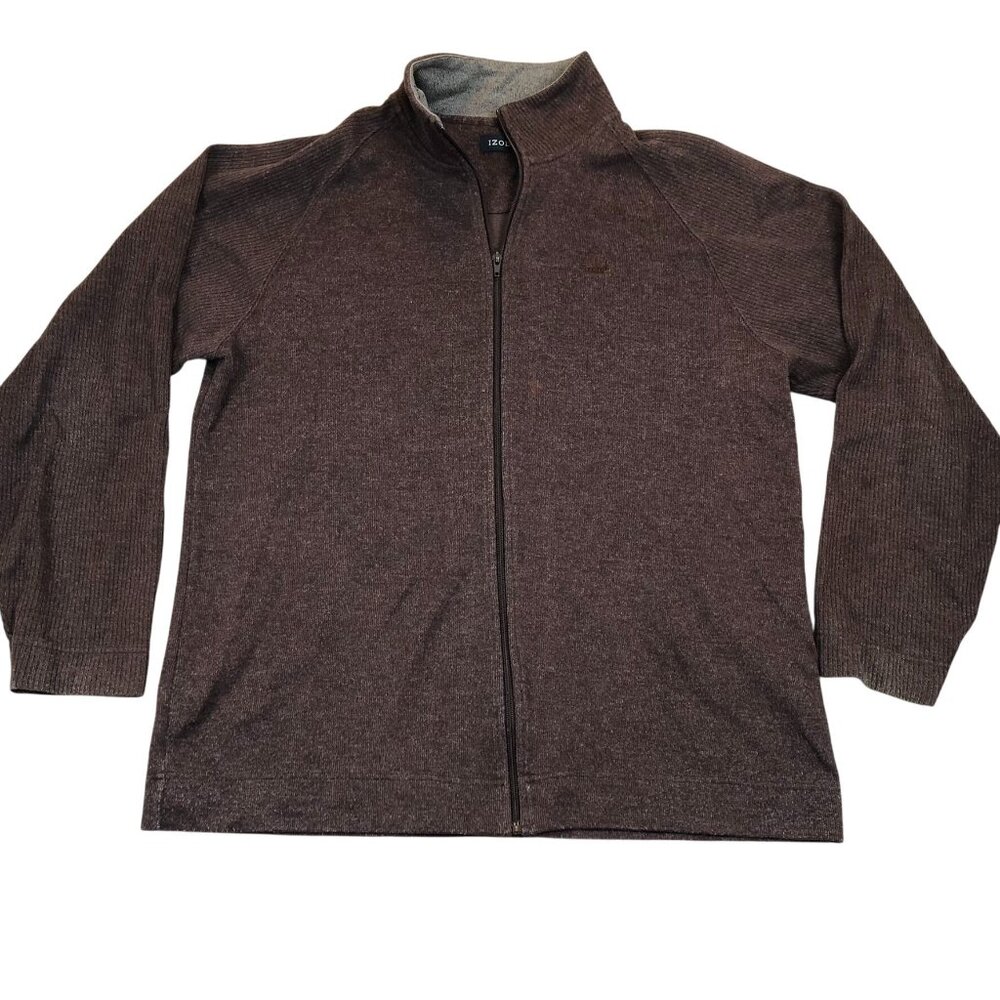 Izod Mens Jacket Size XL Full-Zip Knit Ribbed Mock Neck Casual Cozy Brown